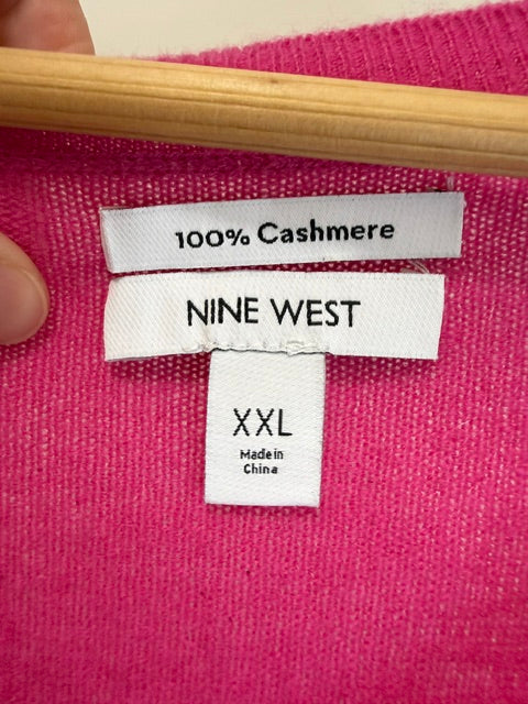 Nine West 100% Cashmere V‑Neck Sweater – Vibrant Pink SzXXL NWOT