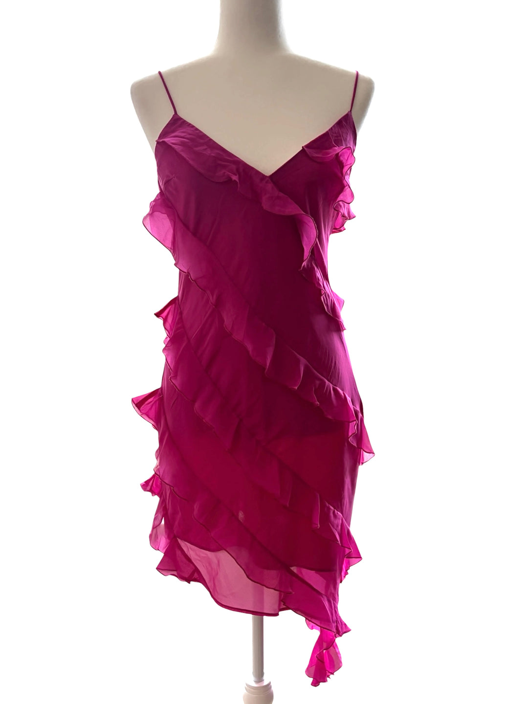 Abercrombie & Fitch Women's Fuchsia Barbie Pink Adjustable Straps Ruffle Asymmetrical Hem Mini Dress, size S