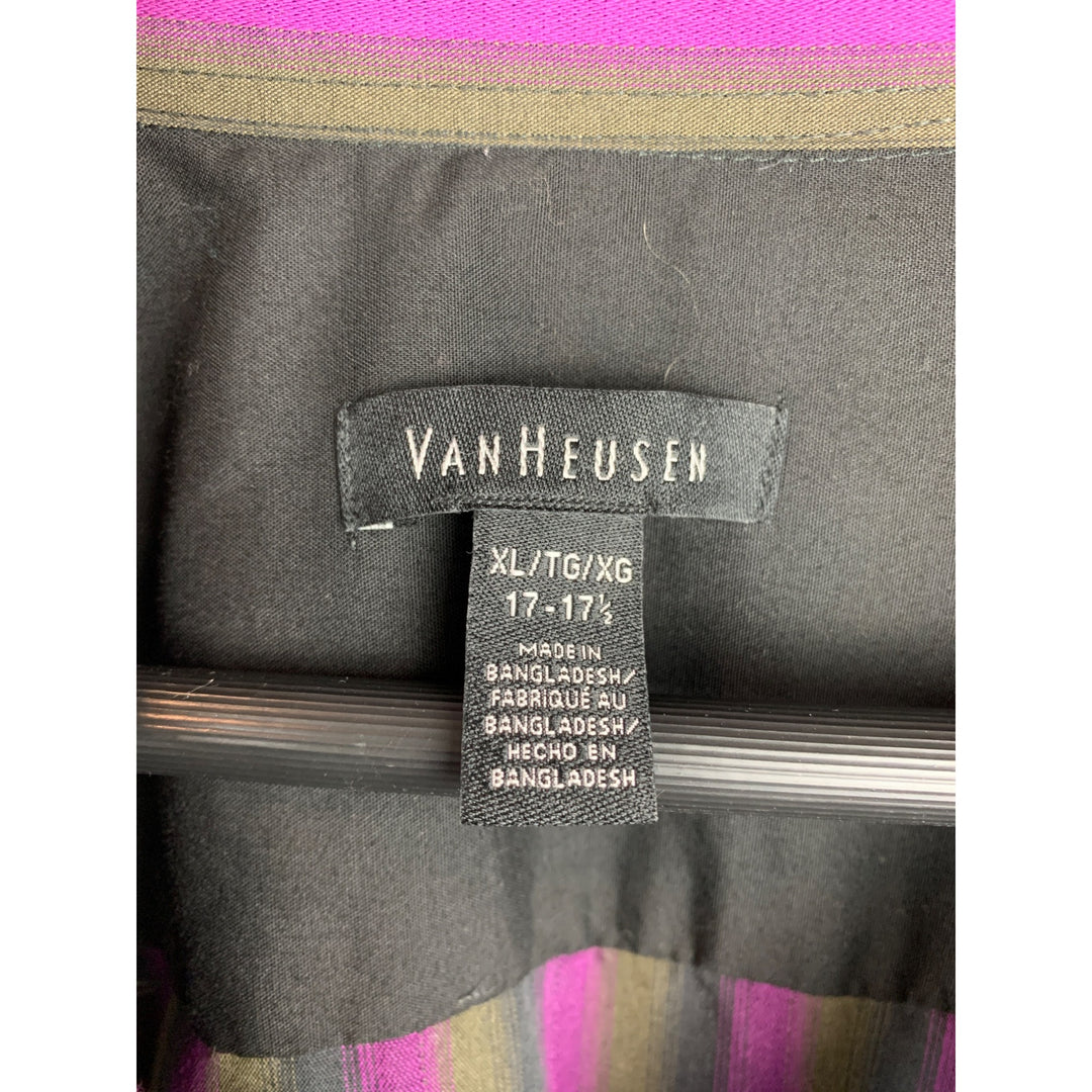 Van Heusen Mens Striped Dress Shirt XL Black & Purple Cotton/Polyester