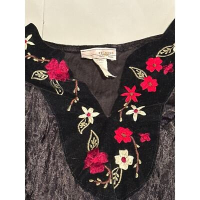 Chicos Vintage Picasso Style Black Velvet Embroidered Top Sz S