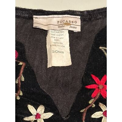 Chicos Vintage Picasso Style Black Velvet Embroidered Top Sz S