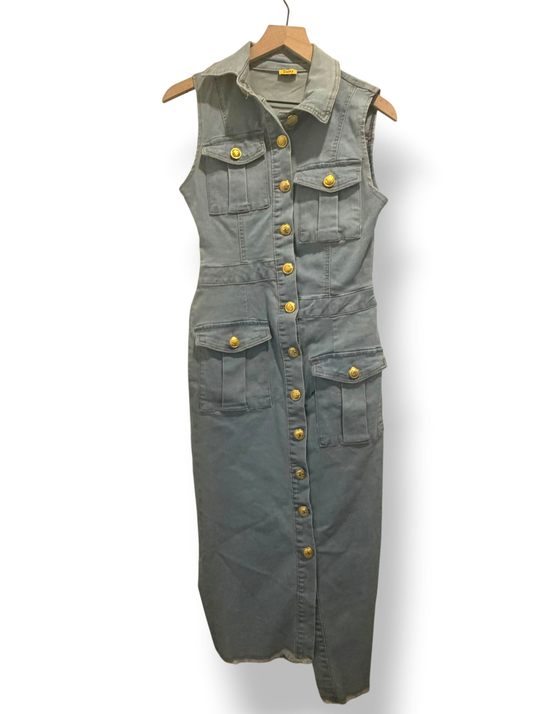 Daisy Denim Utility Midi Dress Gold Buttons Frayed Hem Stretchy Size Medium