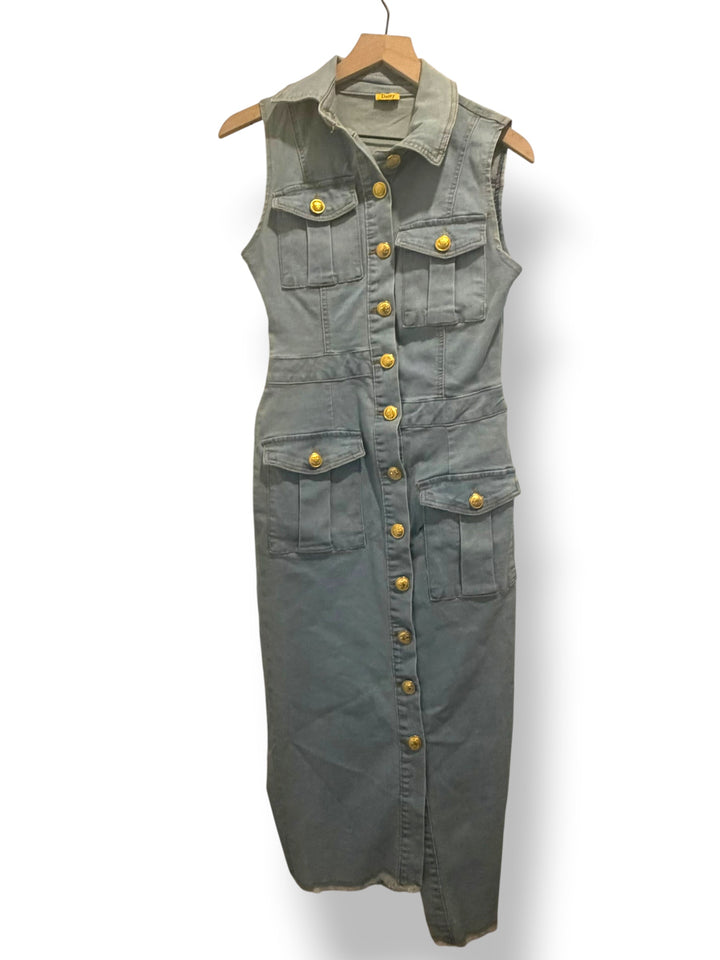 Daisy Denim Utility Midi Dress Gold Buttons Frayed Hem Stretchy Size Medium
