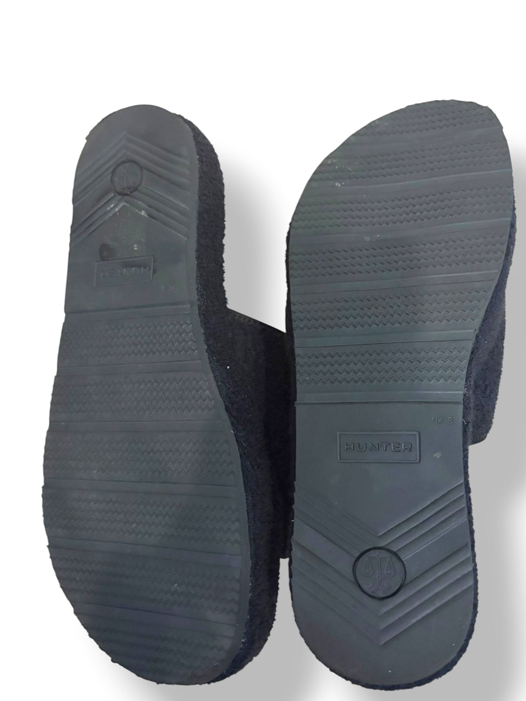 Hunter Black Fuzzy Velcro Slide Slippers Logo Comfort Sandals Women’s Size 10
