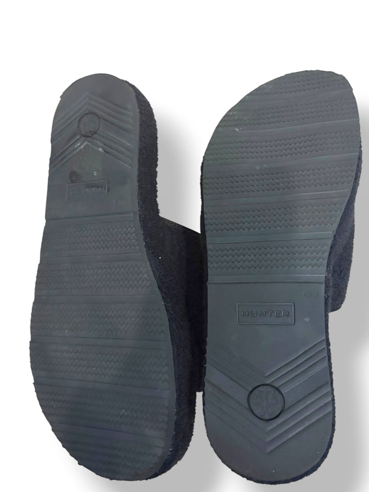 Hunter Black Fuzzy Velcro Slide Slippers Logo Comfort Sandals Women’s Size 10