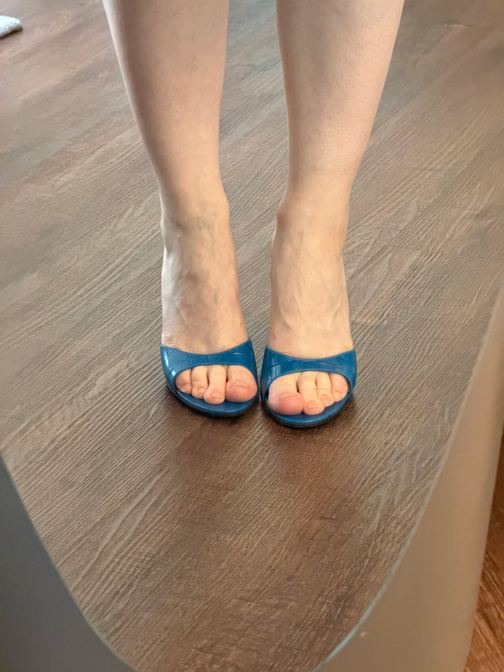 Vintage Celine Blue Croc Embossed Leather Heeled Mules 38.5