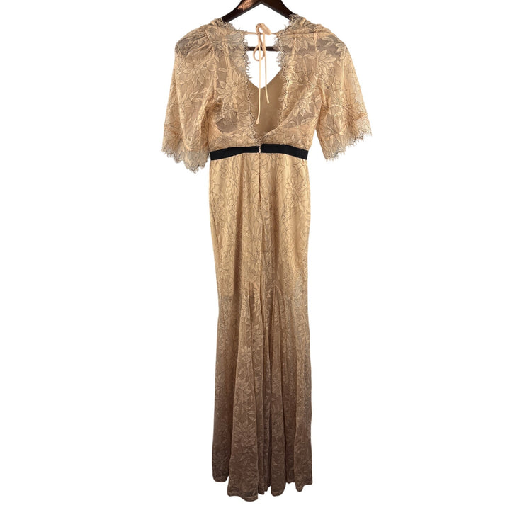 Women’s Lucy Wang Small Nude Floral Lace Maxi Dress w/ Black Belt