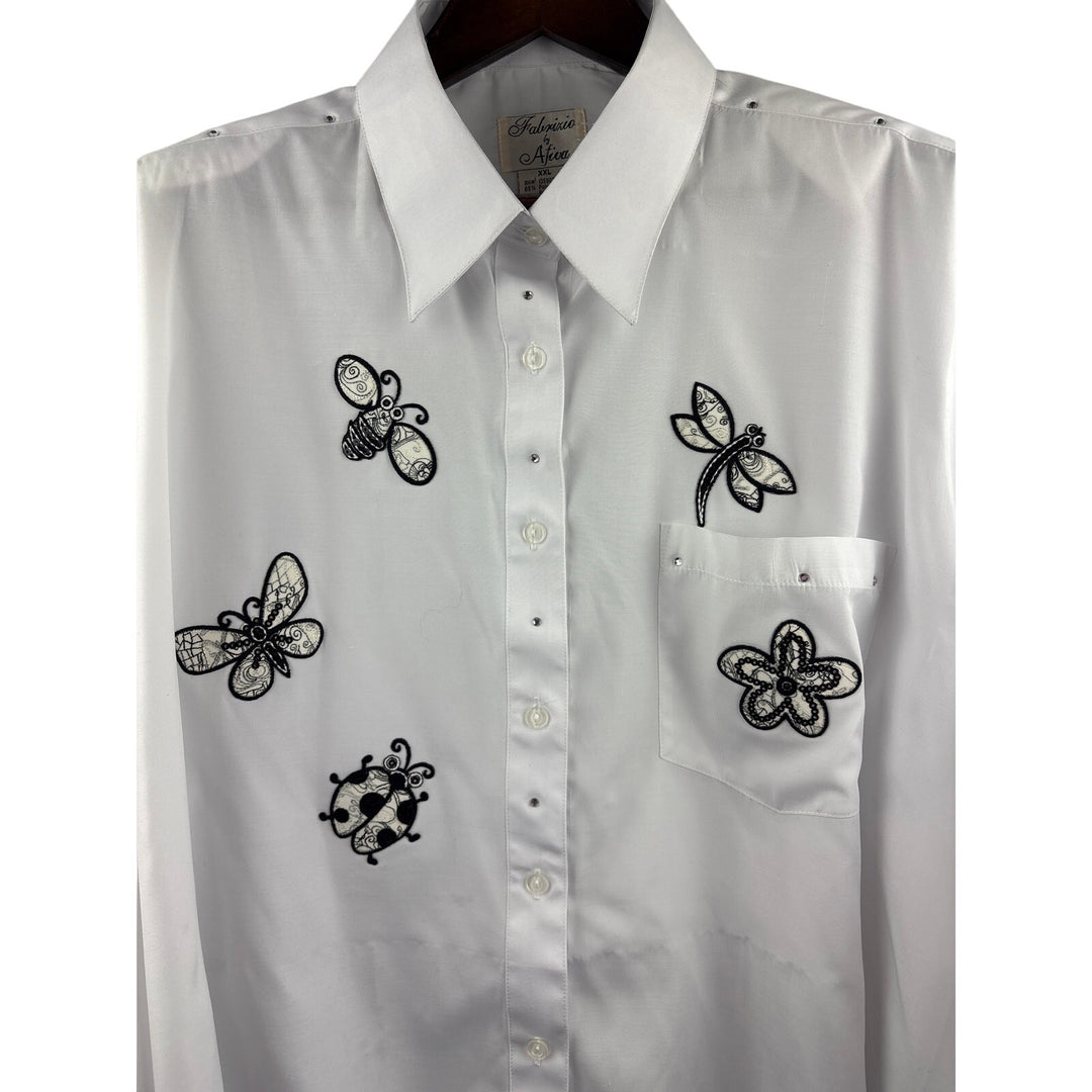 Women’s Fabrizio by Afiva Size XXL White Button Up w/ Bug Embroidery