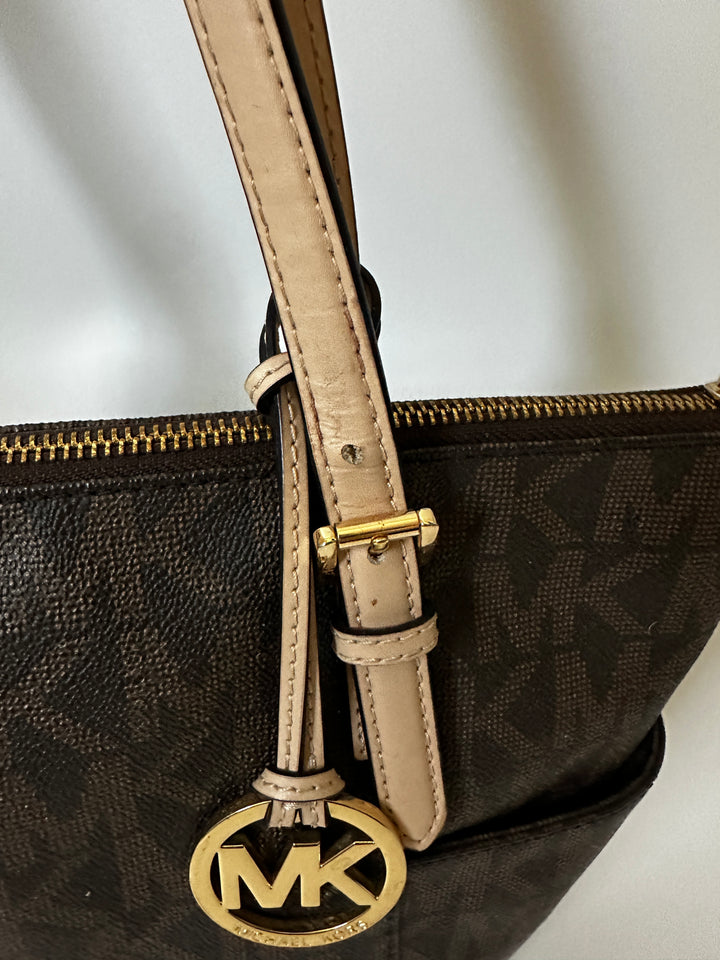 Michael Kors Brown MK Signature Logo Tote Bag Tan Straps Gold Charm