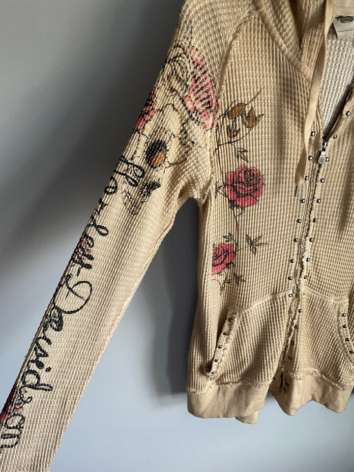 Womens Harley Davidson Y2K Cream Waffle Hooded Cardigan Floral Size L