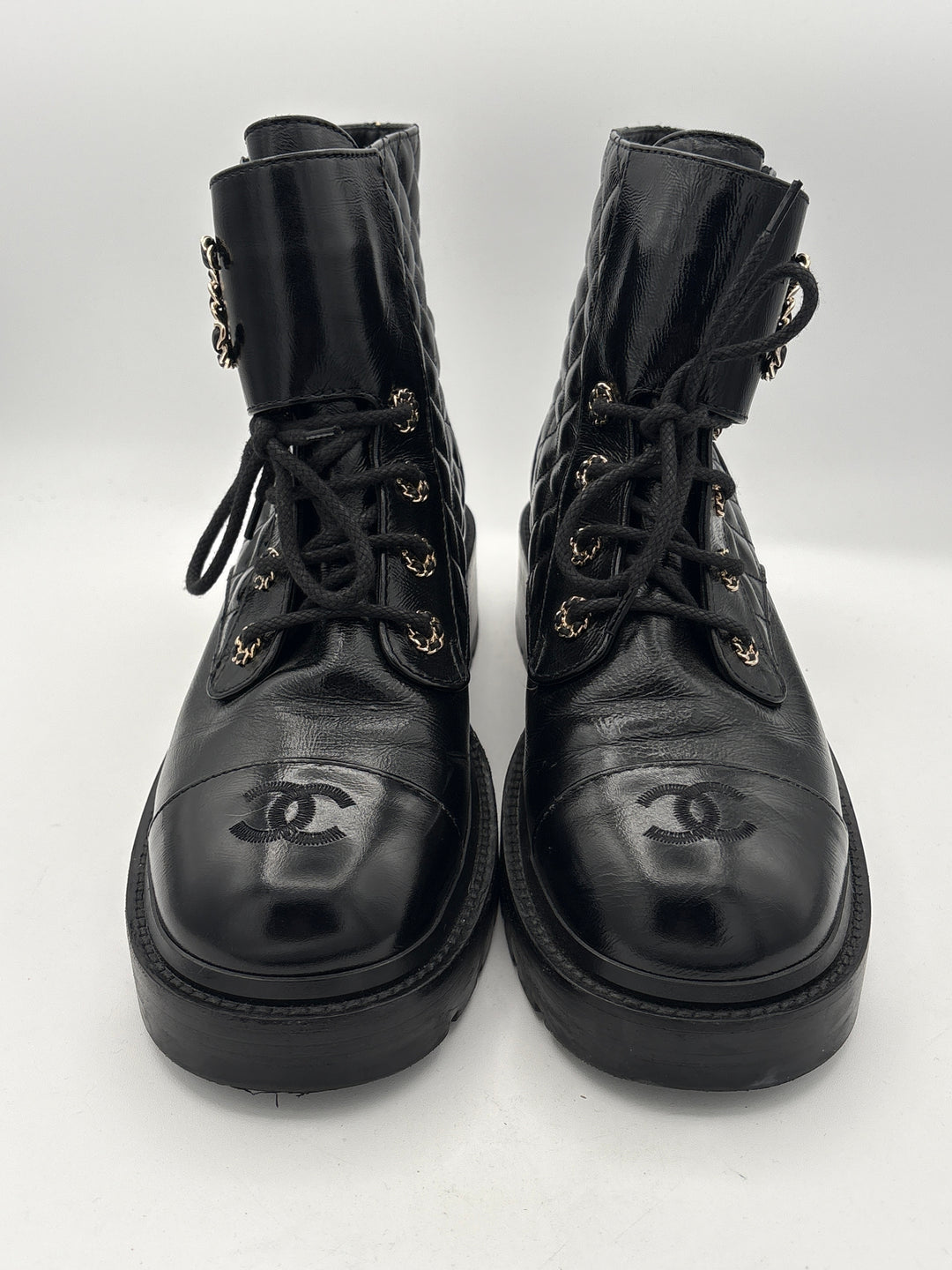 Chanel Womens 2020 Black Quilted Patent Leather Combat Boots Size 10