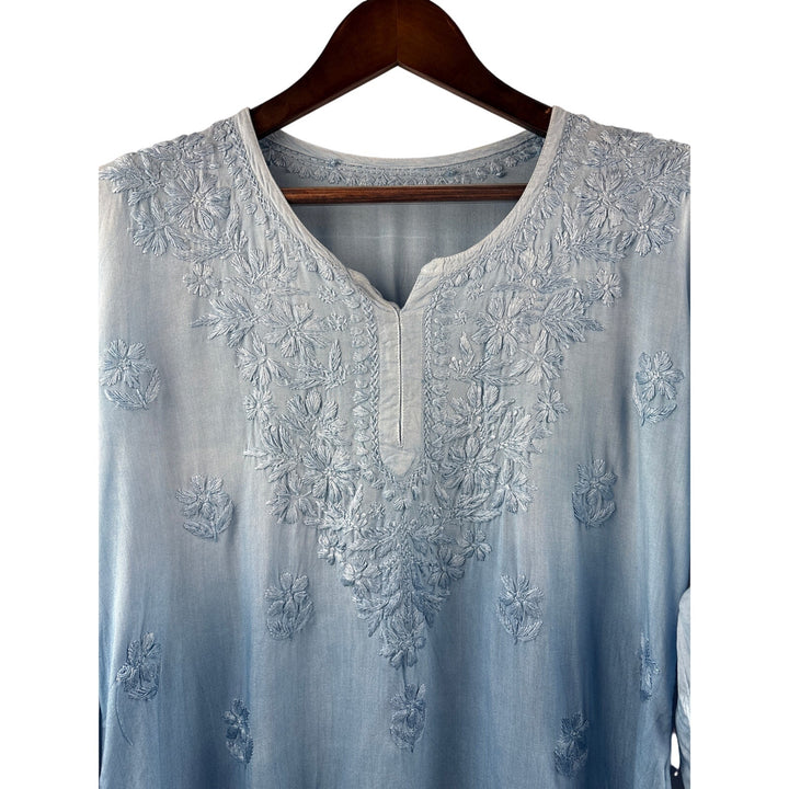 Women’s Classikari XL Blue Ombré 3/4 Length Sleeve Blouse w/ Floral Embroidery