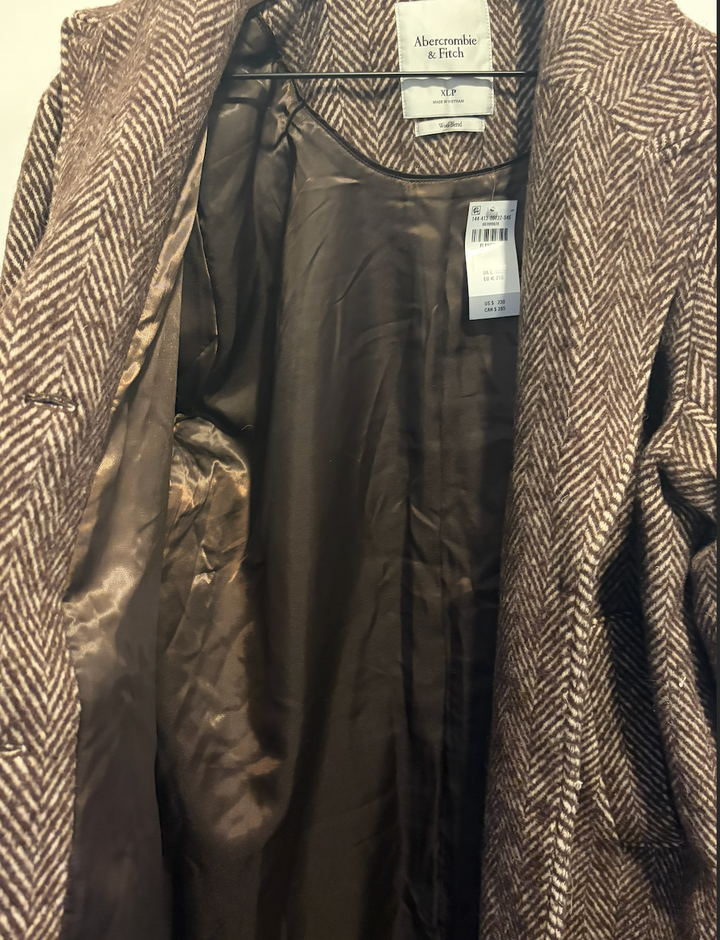 Abercrombie &amp; Fitch Brown Cream Herringbone Wool Blend Coat Petite XL NWT