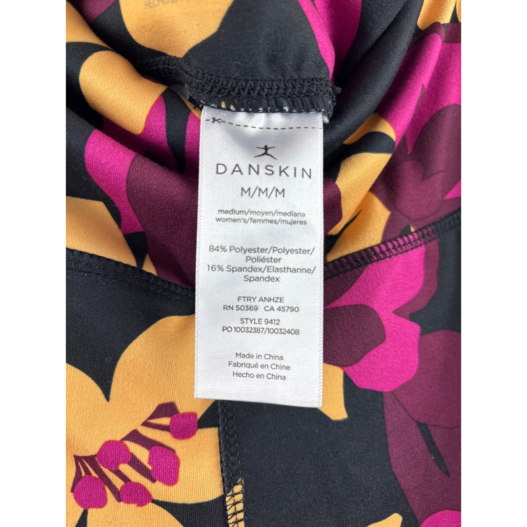 Women’s Danskin Medium Black Leggings w/ Yellow & Purple Florals