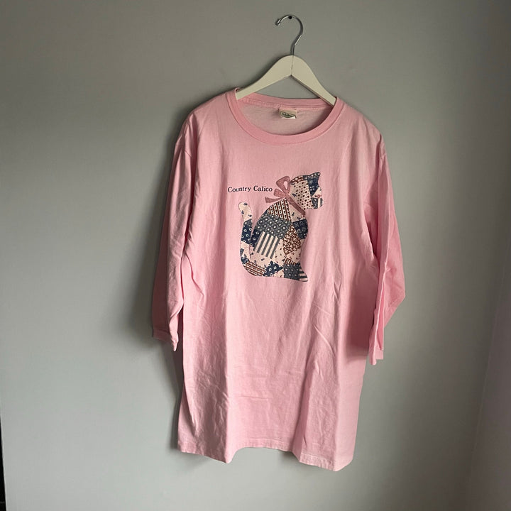 Vintage L.L. Bean Pink T-shirt Dress Country Calico Cat Patchwork Cottage sz S