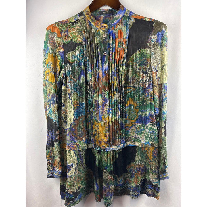Women’s 100% Silk Etro Floral Pleated Long Sleeve Mini Dress Size L