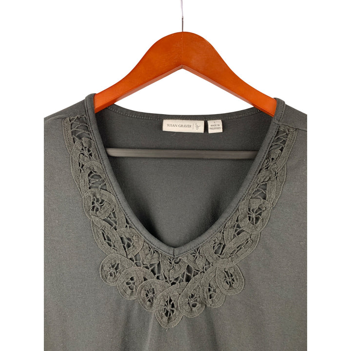 Susan Graver Womens Black V-Neck Short Sleeve Top With Lace Detail Size L