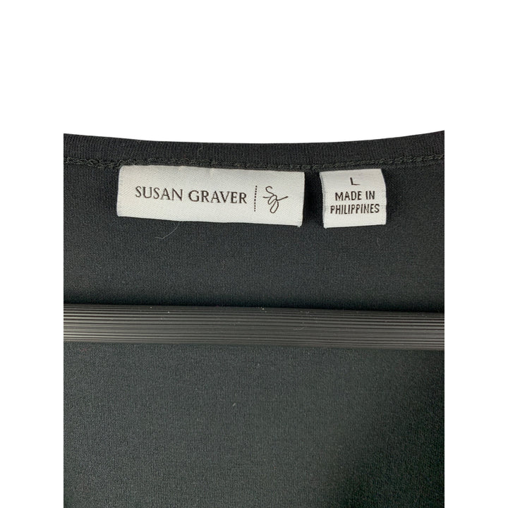 Susan Graver Womens Black V-Neck Short Sleeve Top With Lace Detail Size L