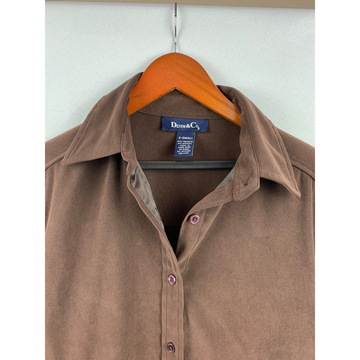Denim & Co. Womens X-Small Brown Button-Up Long Sleeve Shirt