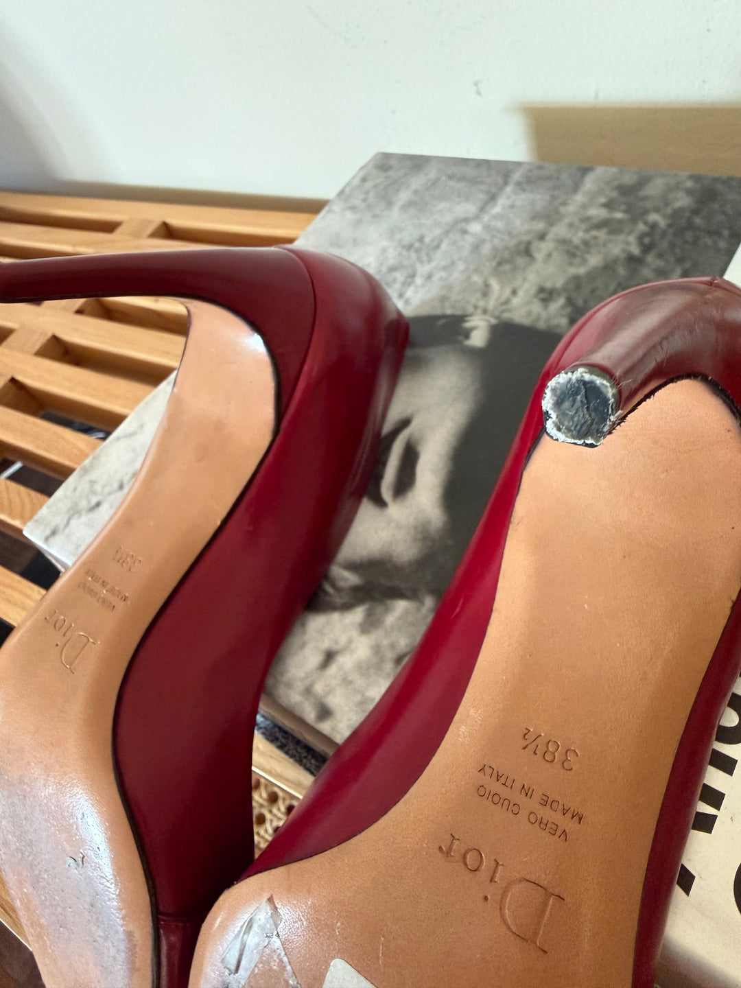 Vintage Christian Dior Red Leather Logo Buckle Pumps 38.5