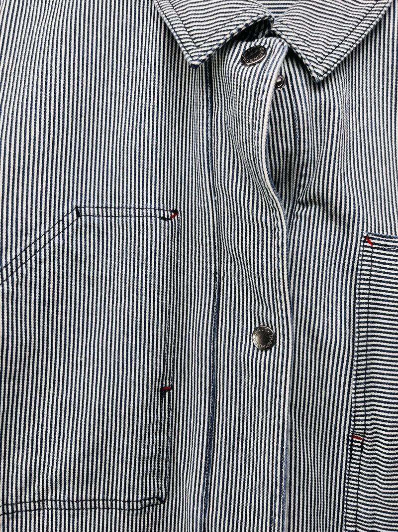 Duluth Trading Co Hickory Stripe Chore Coat Workwear Railroad inspired Denim Jacket