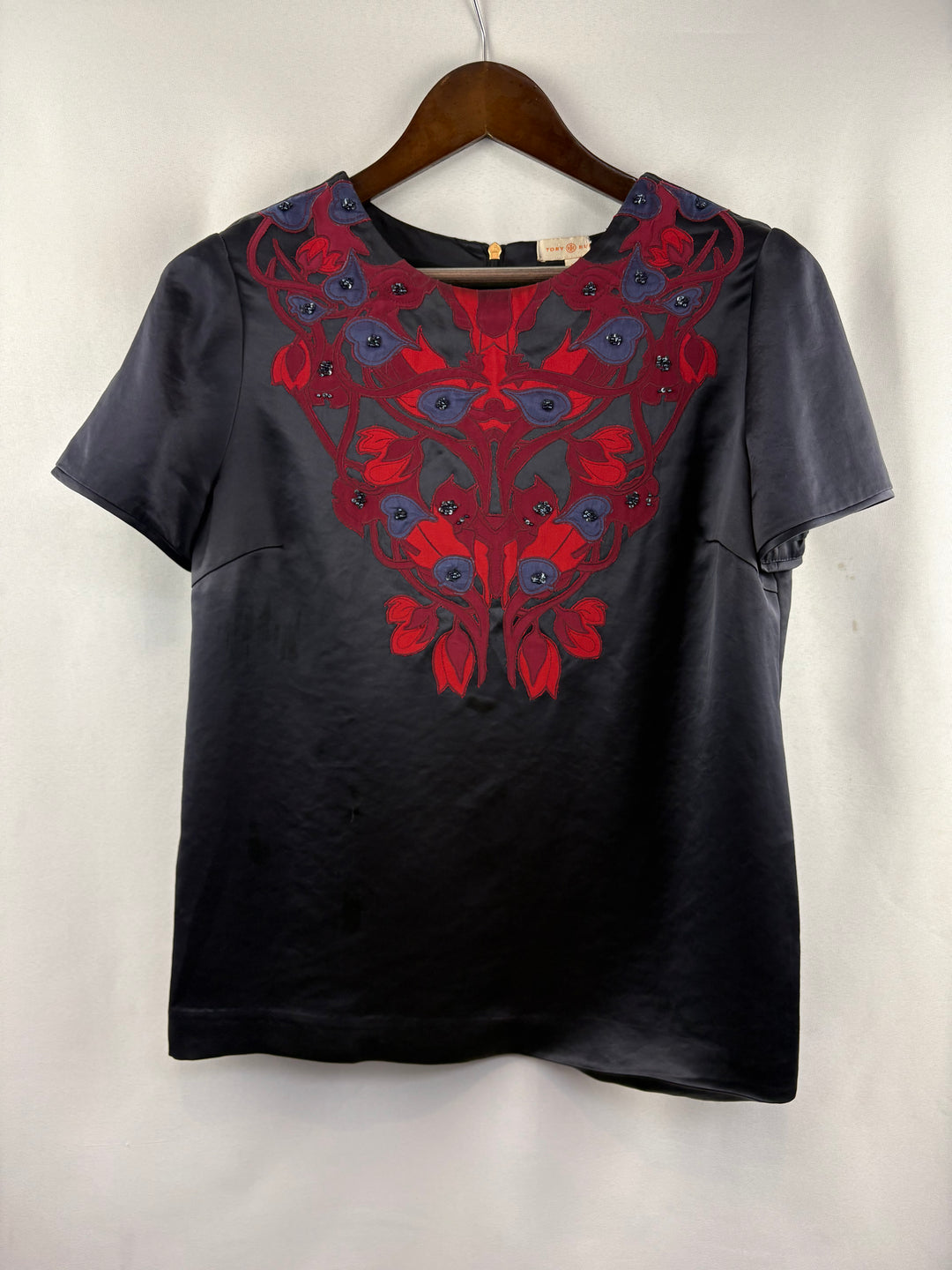Women’s Tory Burch Size 10 Black Satin Patterned Blouse