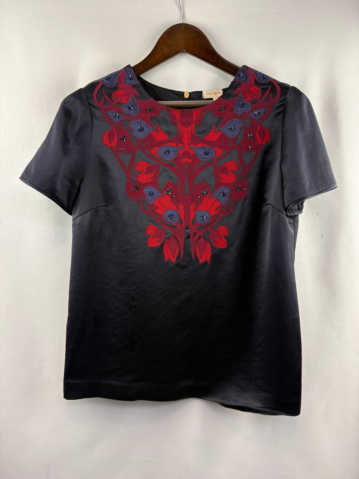 Women’s Tory Burch Size 10 Black Satin Patterned Blouse