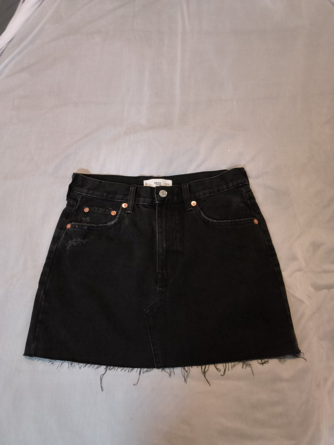 Mango Black Denim Mini Skirt With Frayed Raw Hem Size Small