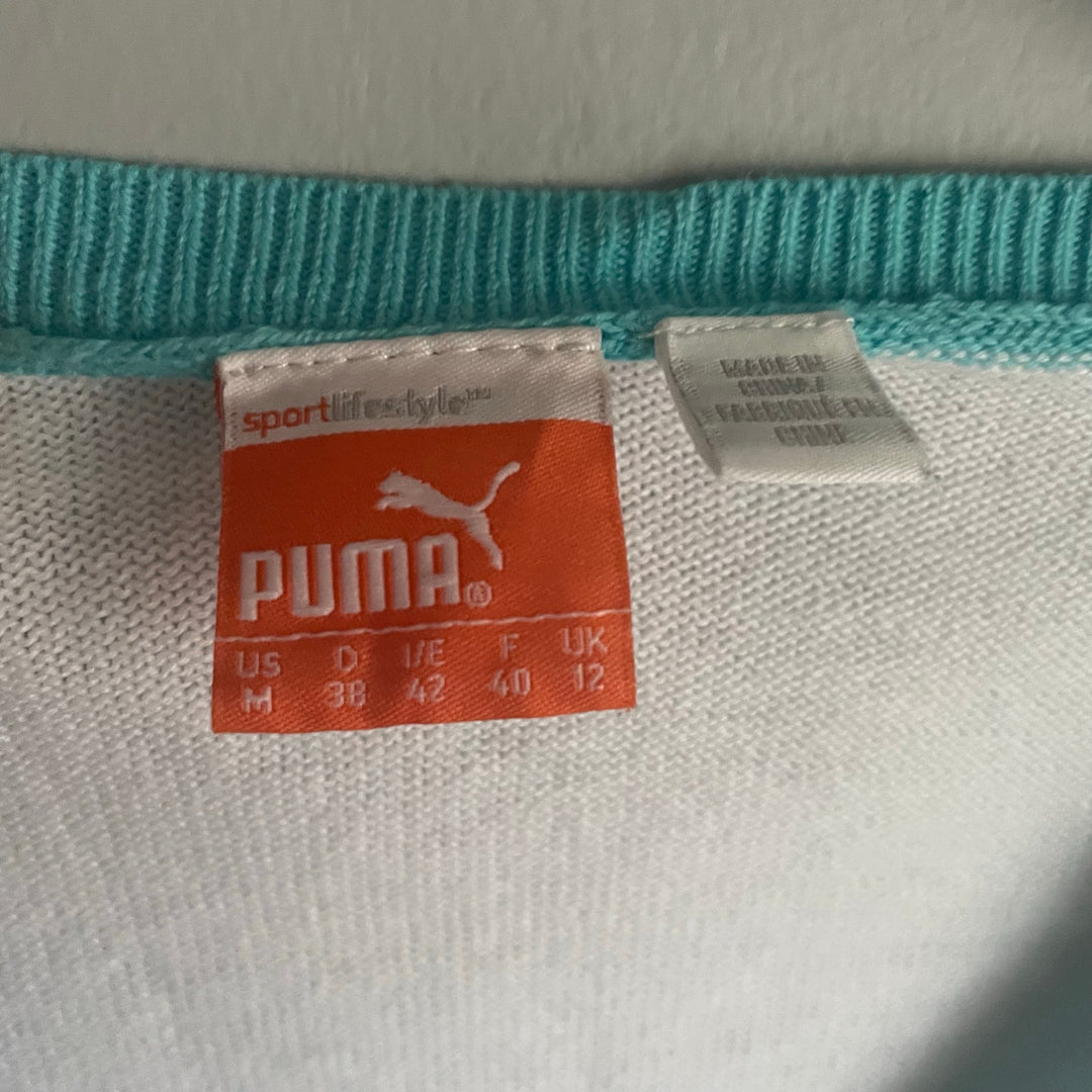 Puma White and Aqua Knit Athletic Golf Baseball Raglan Sweater Top size Medium