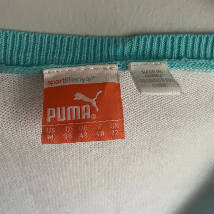 Puma White and Aqua Knit Athletic Golf Baseball Raglan Sweater Top size Medium