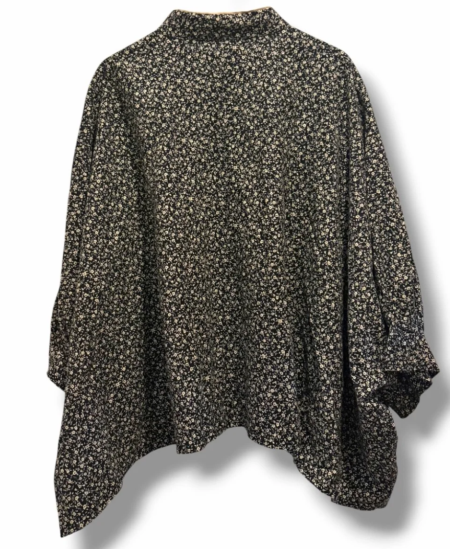 SooLinen Black Cream Floral Linen Cape Blouse One Size NWT Oversized Boho