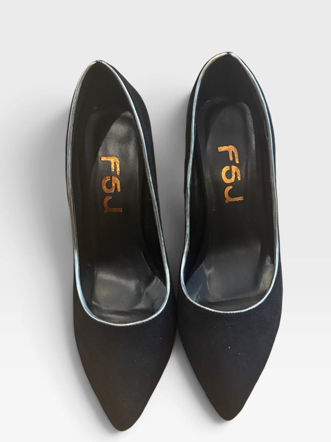 FSJ Black Faux Suede Gold Metallic Stiletto Heels Pointed Toe Pumps Size 6