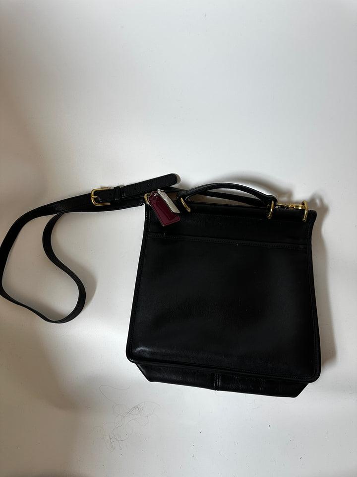 Coach Black Leather Turnlock Briefcase Messenger Crossbody Bag Brass Hardware