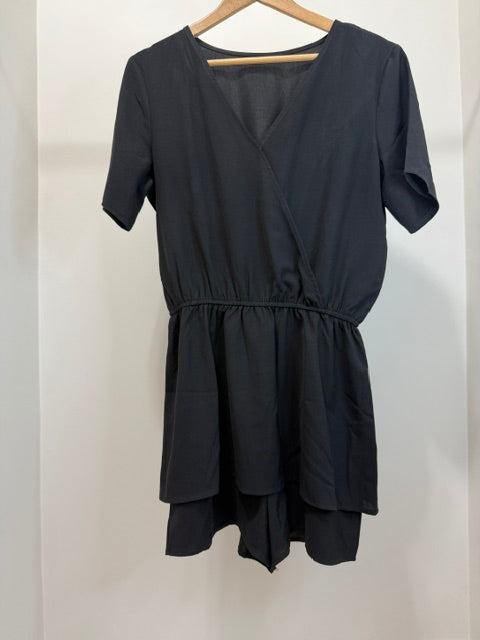 Black Skort Romper V Neck Elastic Waist Fits L-XL