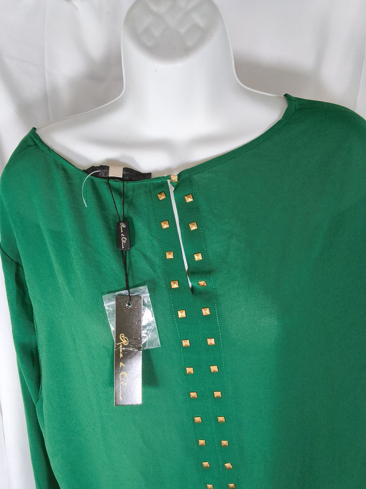 Rose And Olive Emerald Green Long Sleeve Top Gold Stud Keyhole New With Tags