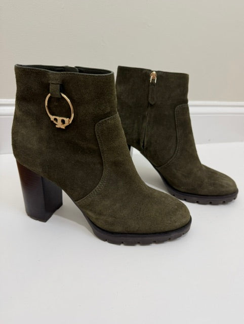 Tory Burch Sofia Lug Sole Suede Booties Dark Boxwood Green Sz10