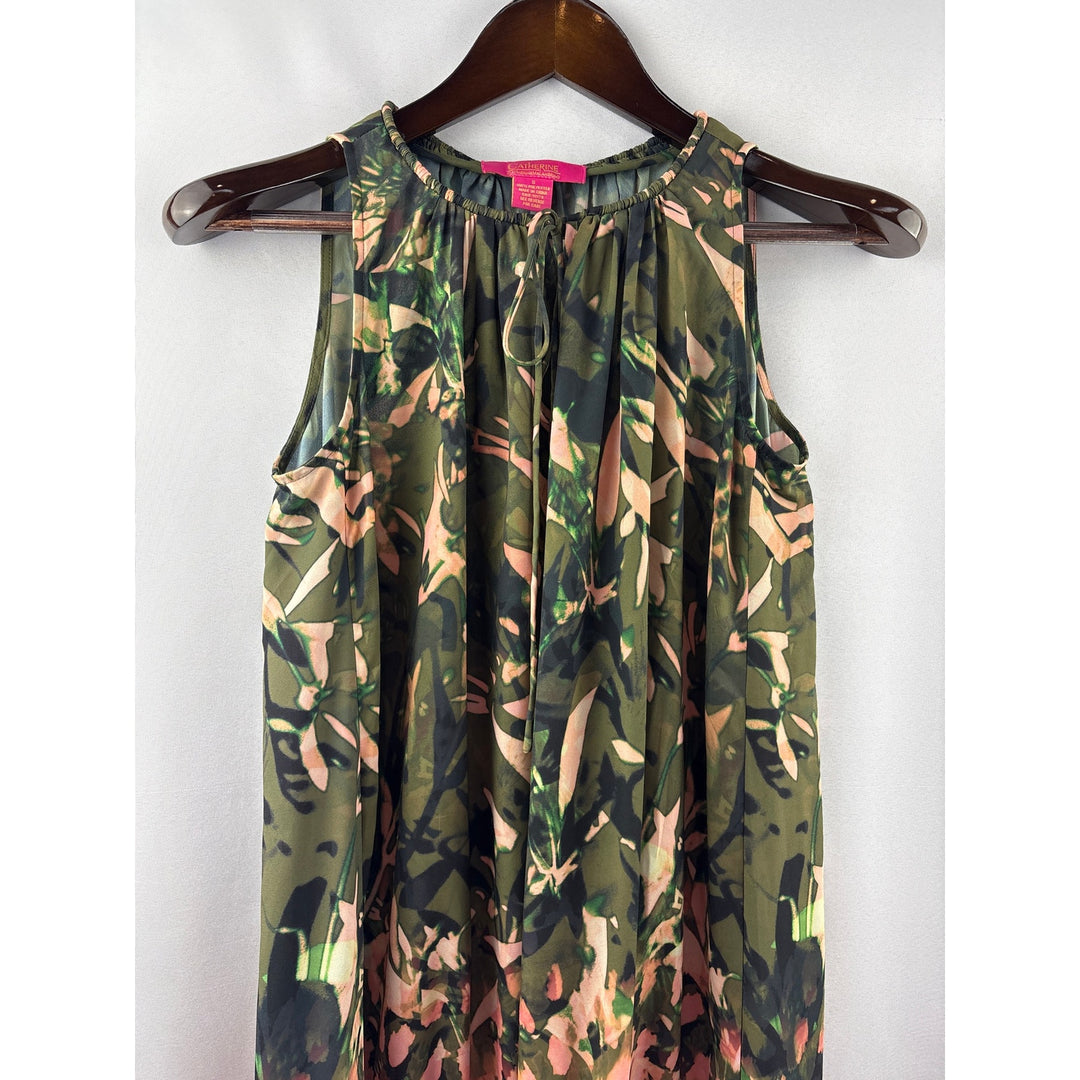 Women’s Catherine Malandrino Small Green & Pink Patterned Sleeveless Midi Dress