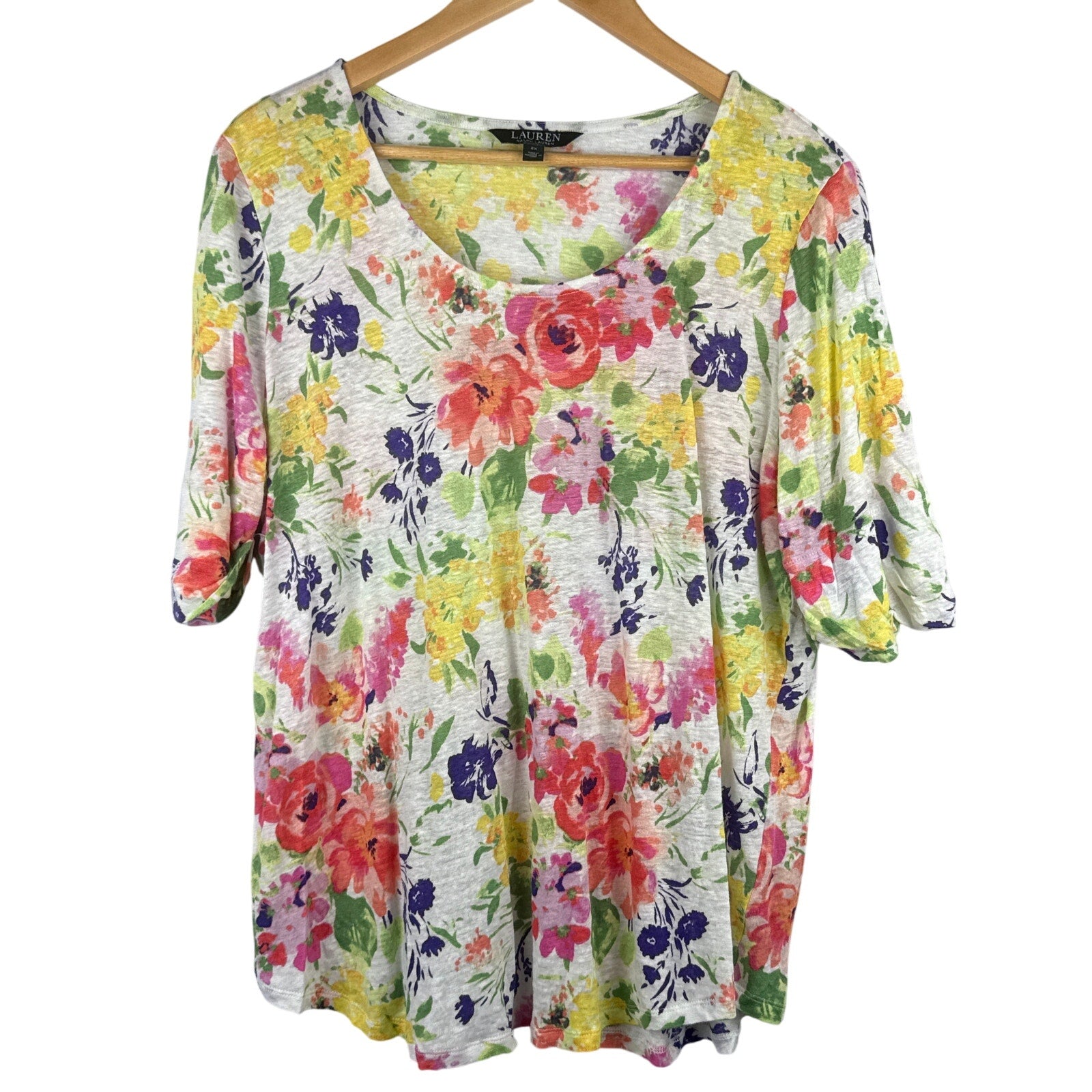 Women’s Green Tag Ralph Lauren Sheer Linen Floral T-Shirt Sz 2X