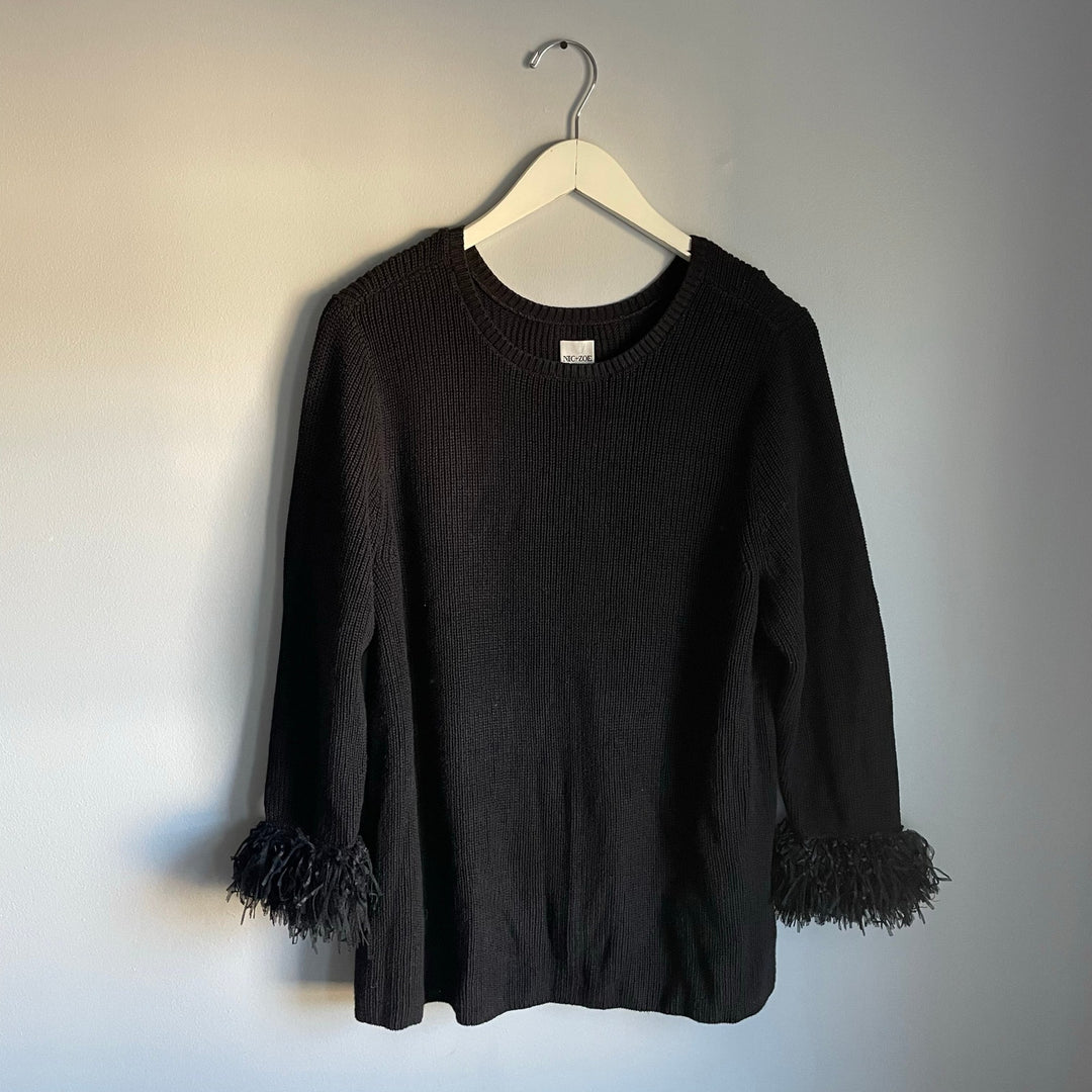 Nic + Zoe Black Knit Sweater Fringe Sleeves Cuffs Holiday NYE Whimsigoth sz XL