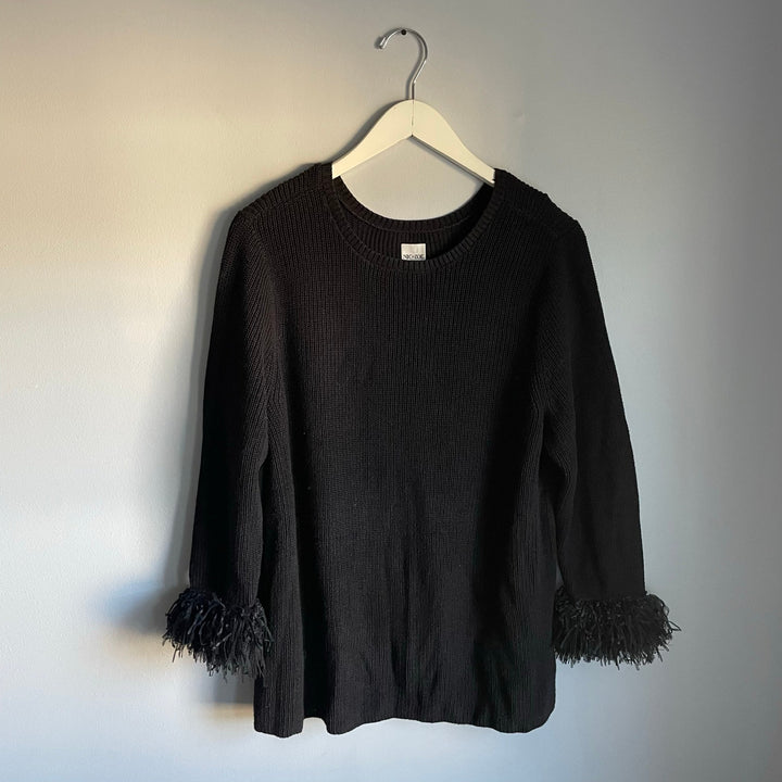 Nic + Zoe Black Knit Sweater Fringe Sleeves Cuffs Holiday NYE Whimsigoth sz XL