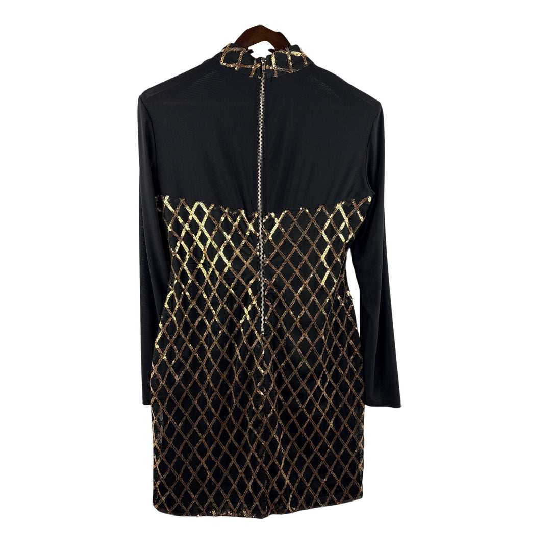 Women’s Reaqka XL Black Mesh Long Sleeve Mockturtleneck Dress w/ Gold Sequins