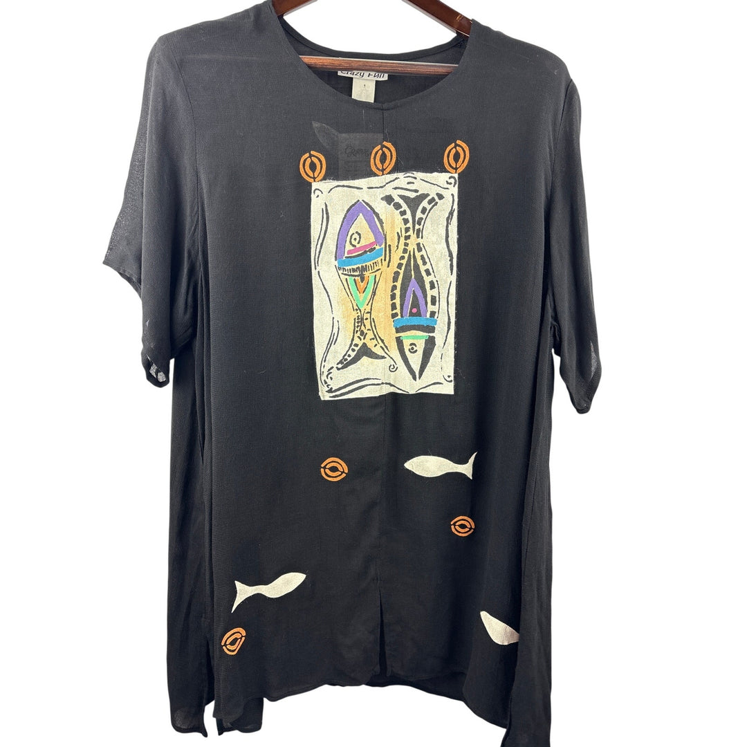 Women’s Crazy Fish XL Black w/ Fish Pattern Short Sleeve Blouse & Pant Set