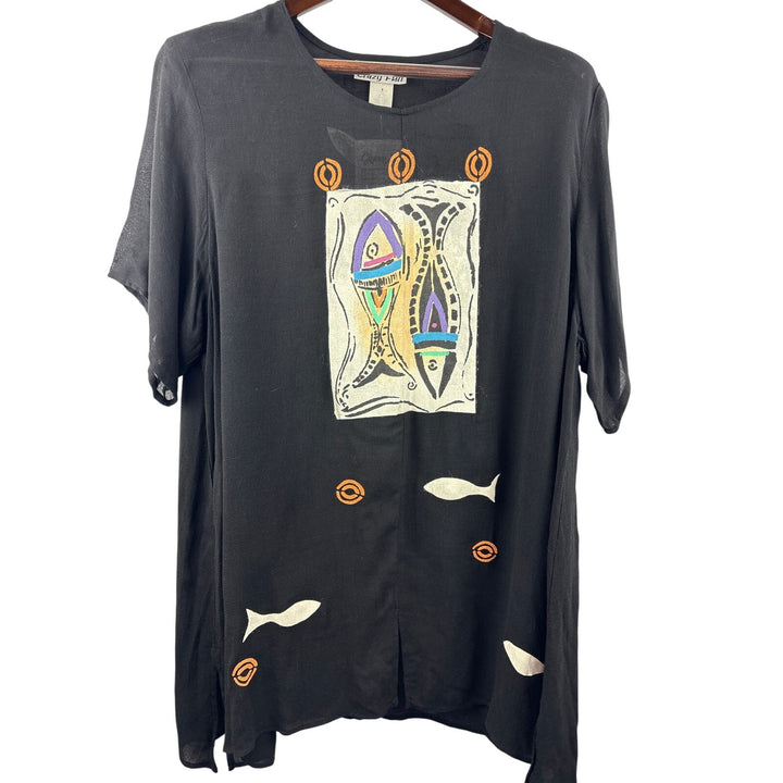 Women’s Crazy Fish XL Black w/ Fish Pattern Short Sleeve Blouse & Pant Set