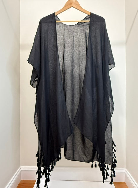 Black Sheer Tassel Kimono Beach Swim Cover Up One Size