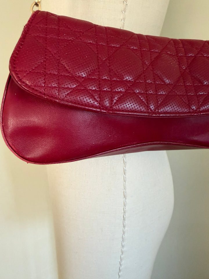 Christian Dior Vintage Cannage Quilted Leather Chain Shoulder Bag Burgundy