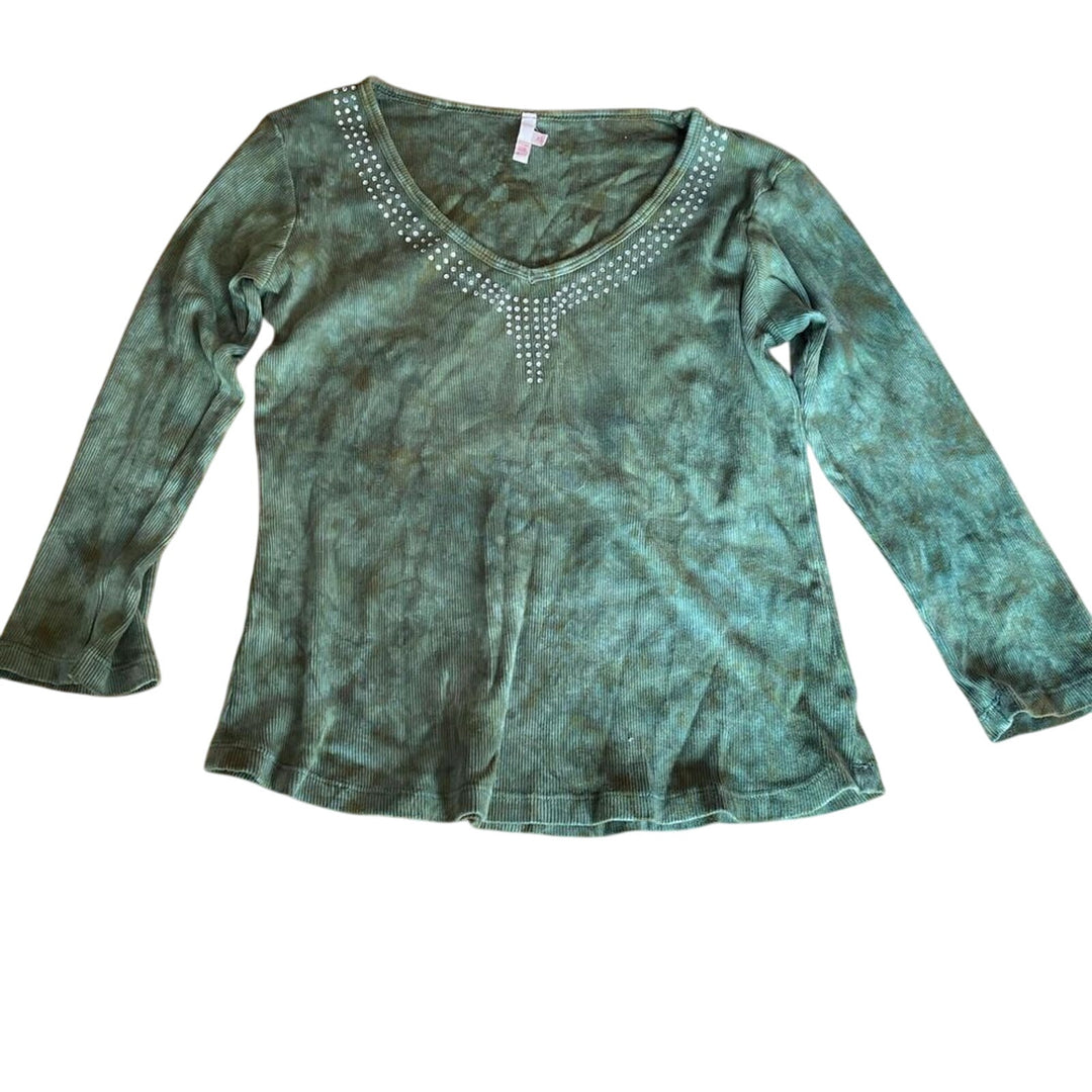 Y2K Women's Green Tie Dye Bedazzled 3/4 Sleeve Shirt sz XS