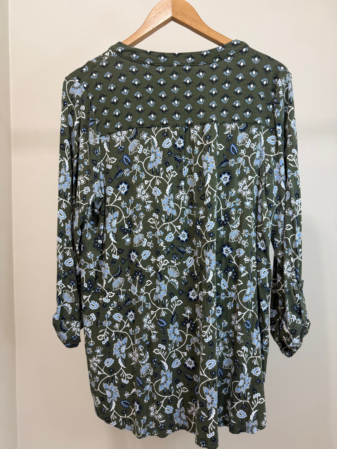 Westport Olive Paisley V Neck Tunic With Roll Tab Sleeves Plus Size