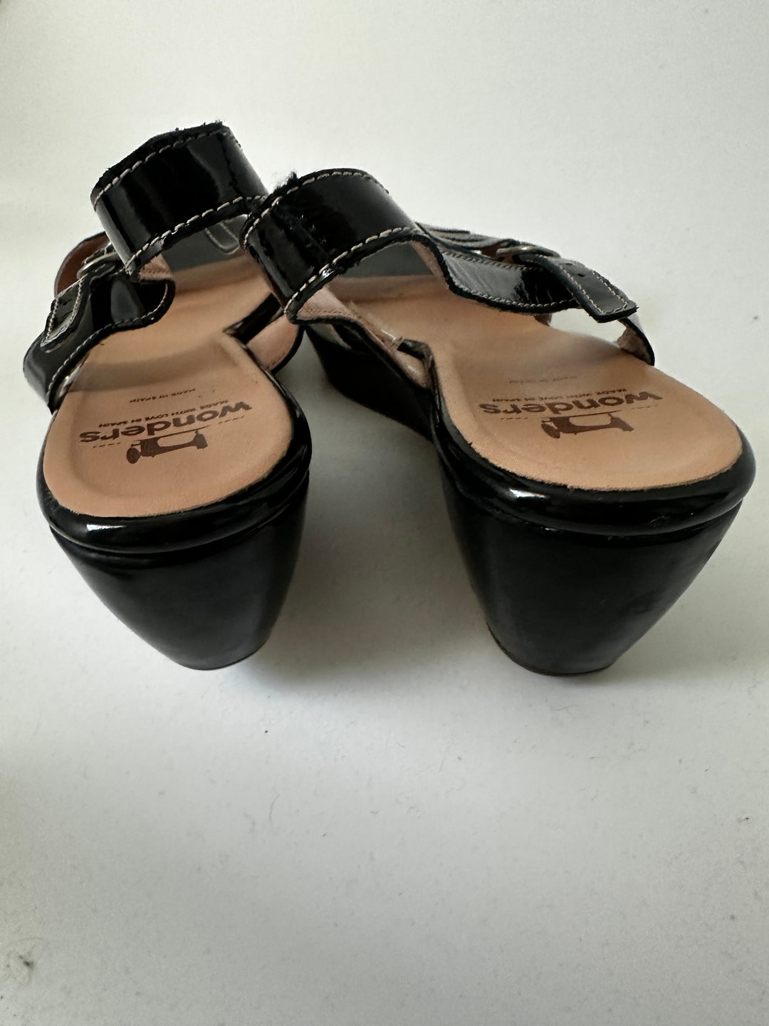 Wonders Black Patent Leather &amp; Cream Wedge Slingback Sandals EU 41