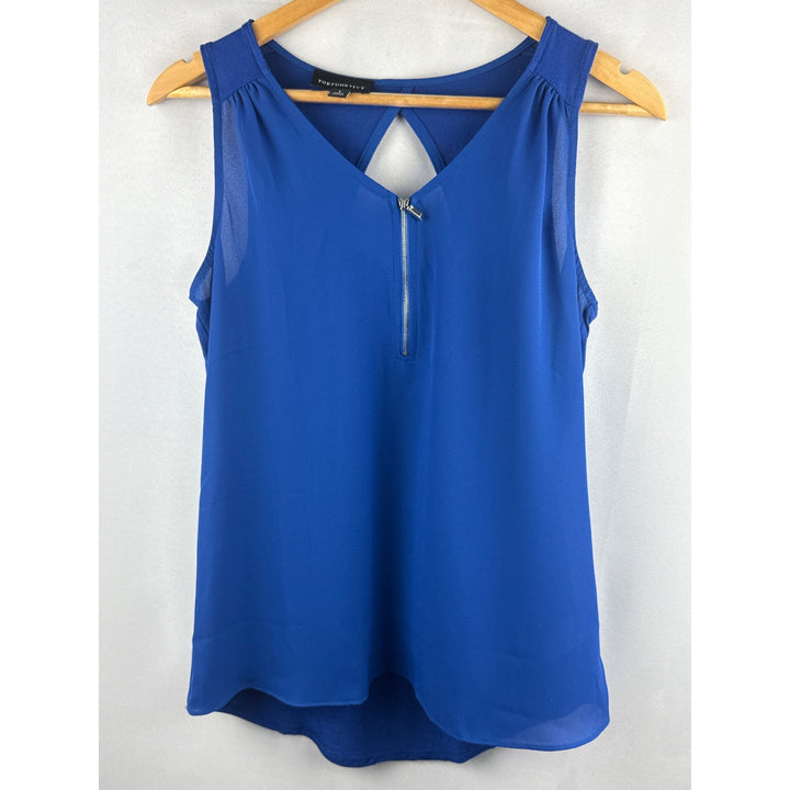 Fortune+Ivy Womens Sleeveless Blue Blouse With Front Zipper Accent - Size S