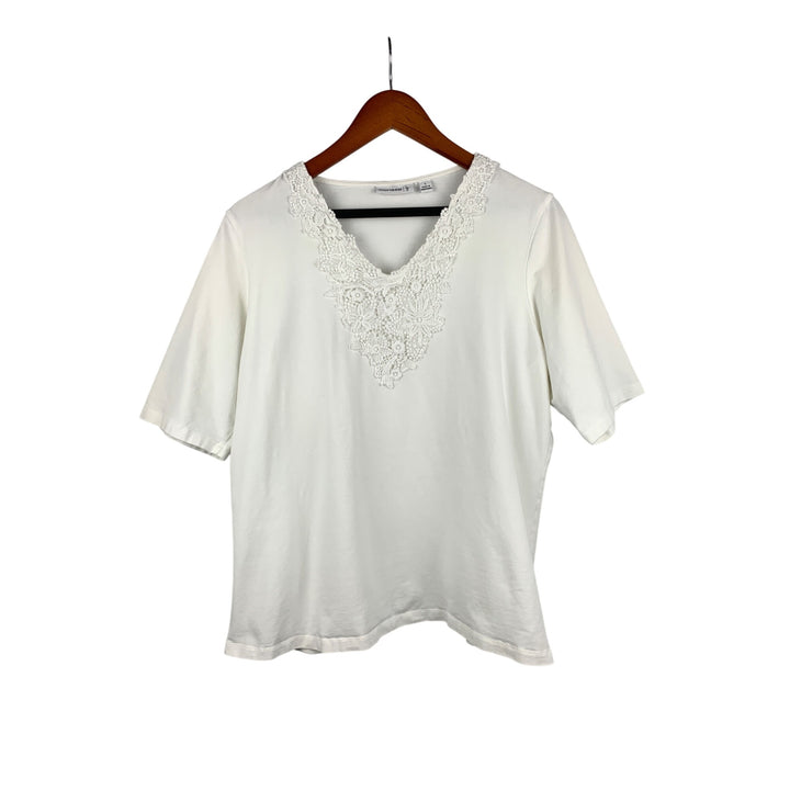 Susan Graver Womens Large White Cotton & Spandex Top With Crochet Lace Detail
